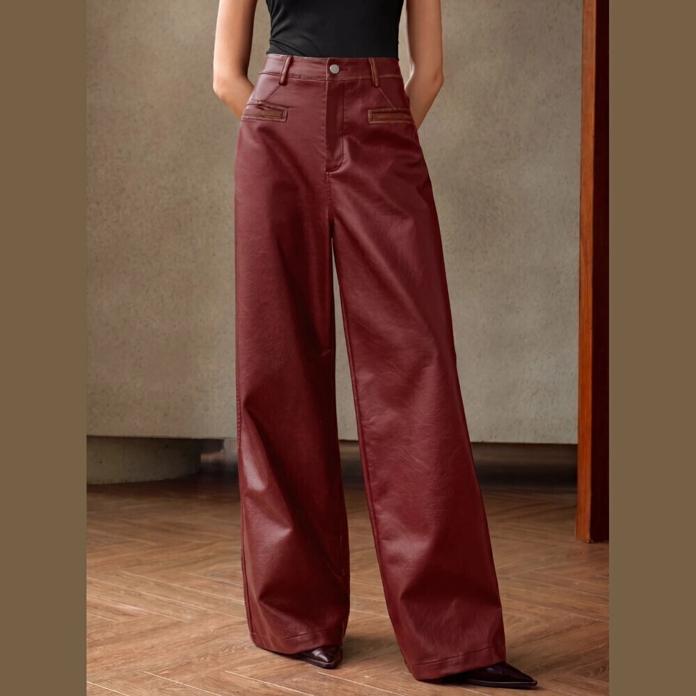 Burgundy Faux Leather High Waist Distressed Wide Leg Trousers